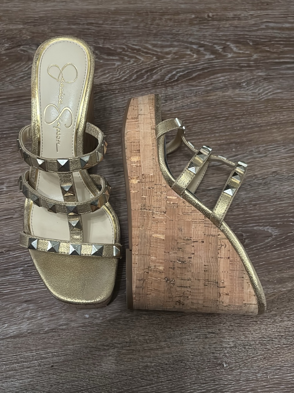 Jessica Simpson Metallic Gold Studded Cork Wedge Sandals